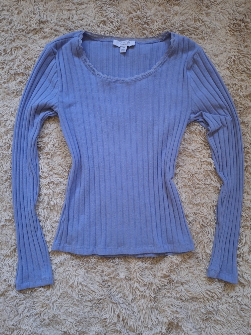 Ann Taylor Perriwinkle Ribbed Long Sleeve Top Lace Neckline